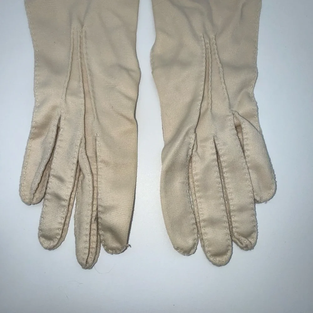Vintage Van Raalte Ivory Cotton Jersey Dress Gloves Mid Forearm 1950s 13